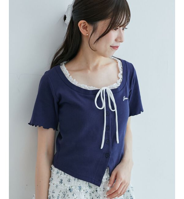  「フロントリボンレイヤード風トップス」|Tシャツ・カットソー|ネイビー