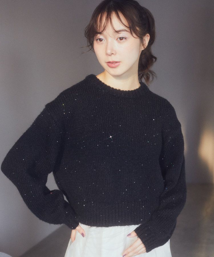 earth music&ecology「スパンコールショートニットプルオーバー」|ニット・セーター|Black