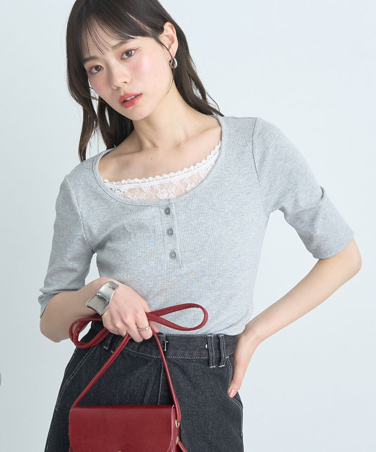 earth music&ecology「レースレイヤードリブプルオーバー」|Tシャツ・カットソー|Gray