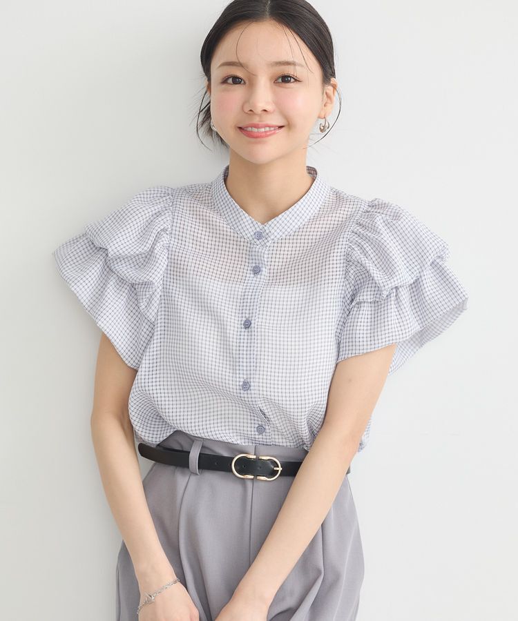 earth music&ecology「ミニチェックバルーンスリーブブラウス」|シャツ・ブラウス|Blue