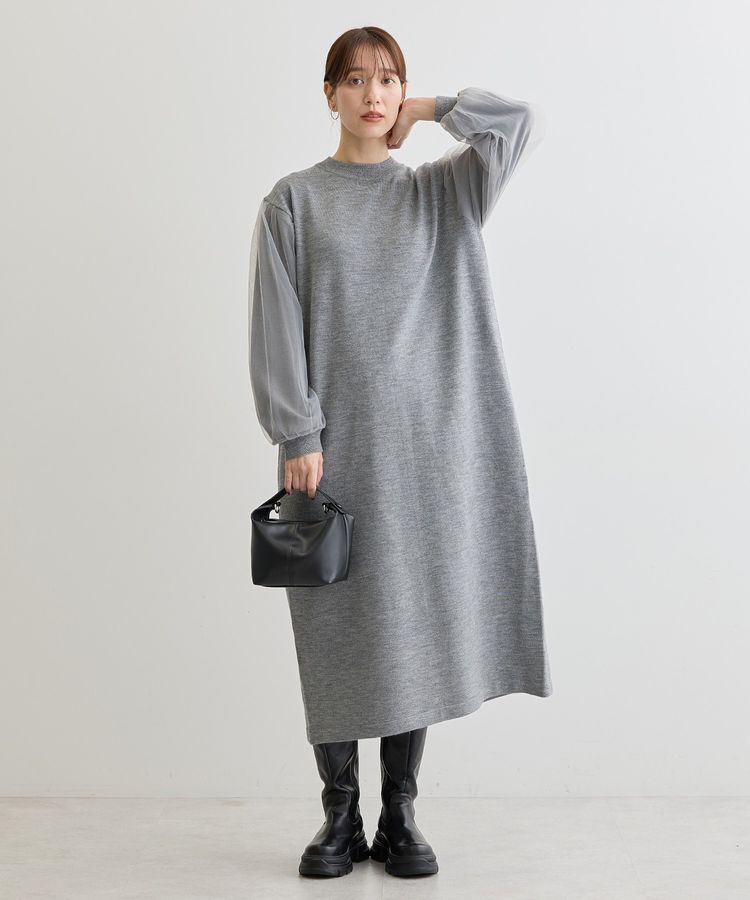 Green Parks「杢グレー袖チュールニットワンピース」|ワンピース|