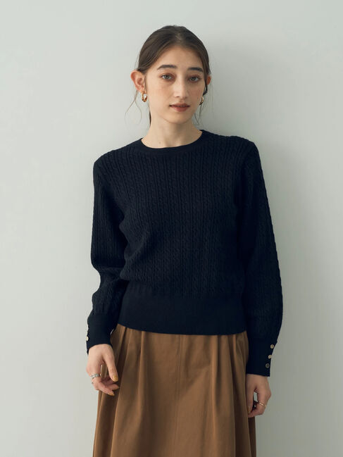 YECCA VECCA「金釦ミニケーブルニット」|ニット・セーター|ブラック