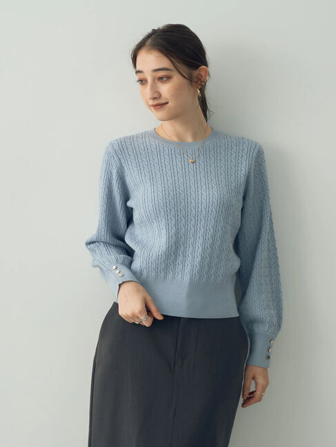 YECCA VECCA「金釦ミニケーブルニット」|ニット・セーター|サックスブルー