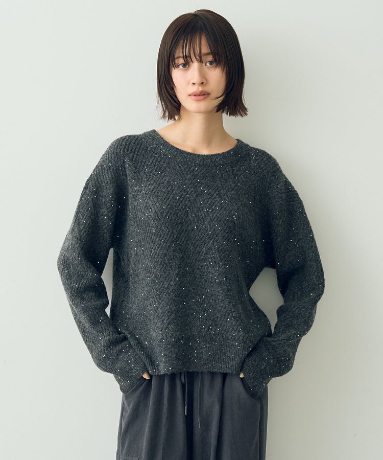 YECCA VECCA「ダイヤ柄スパンコールニット」|ニット・セーター|Charcoal Gray