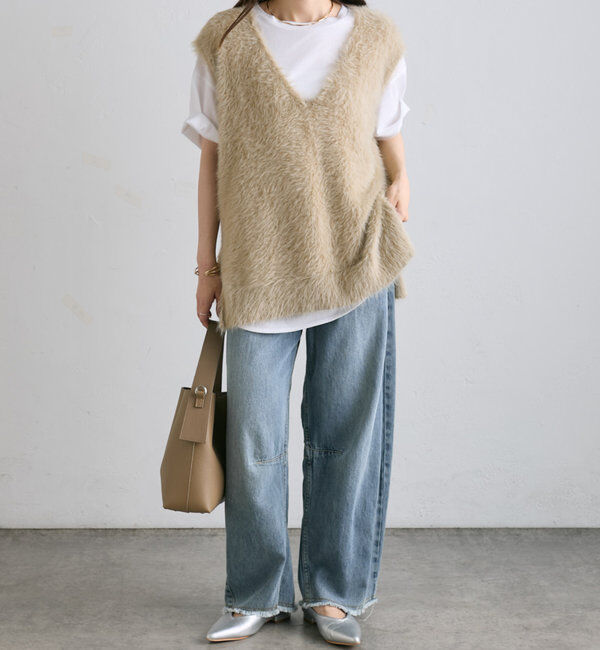  「【ふわもこ】シャギーニットチュニック丈Vネックベスト」|ニット・セーター|