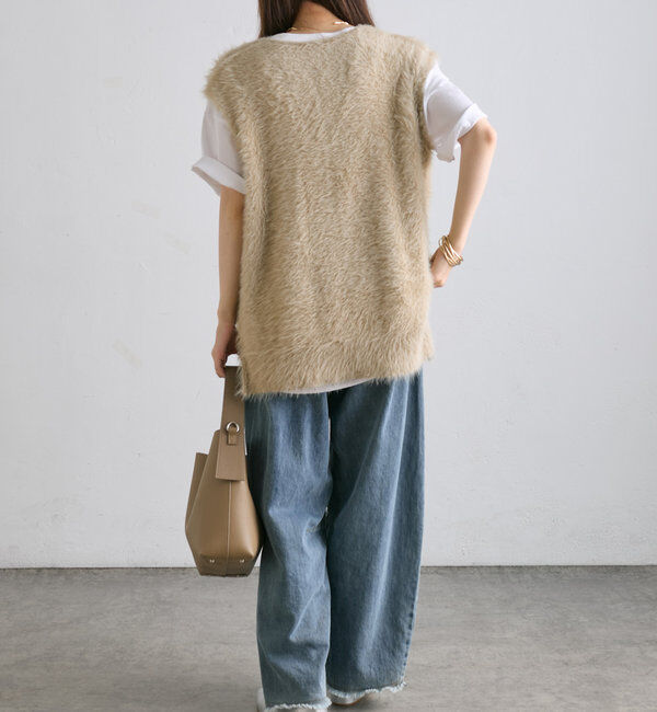  「【ふわもこ】シャギーニットチュニック丈Vネックベスト」|ニット・セーター|