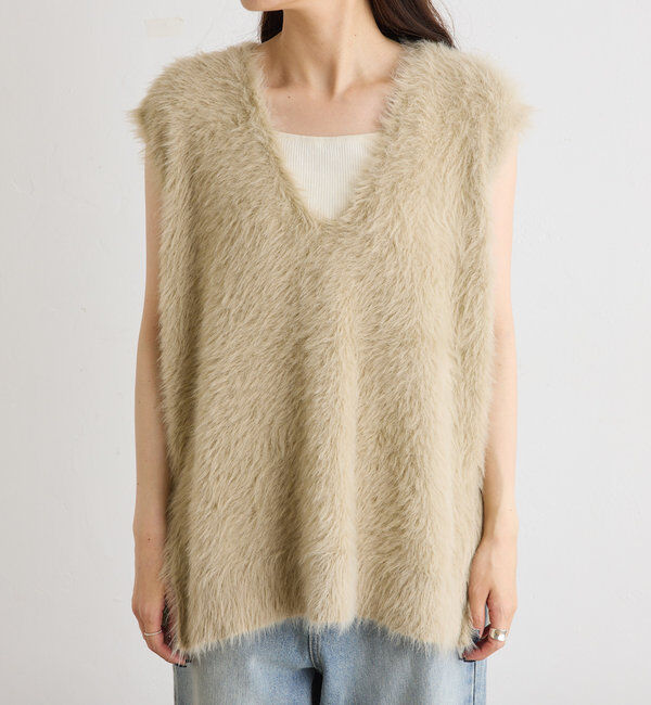  「【ふわもこ】シャギーニットチュニック丈Vネックベスト」|ニット・セーター|