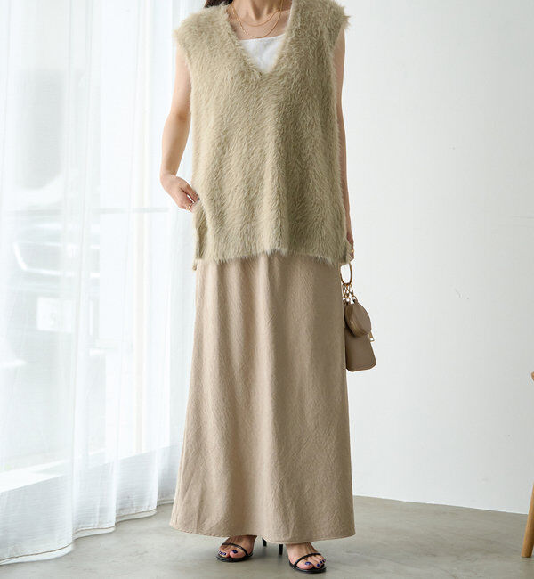  「【ふわもこ】シャギーニットチュニック丈Vネックベスト」|ニット・セーター|