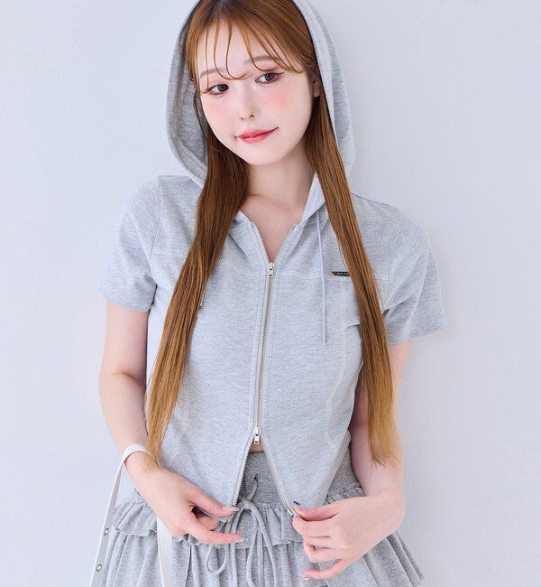  「フード付き半袖パーカー」|プルオーバー|グレー