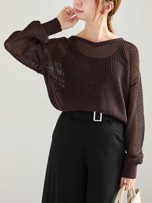 Te chichi「メッシュVネックニットプルオーバー」|ニット・セーター|ブラウン