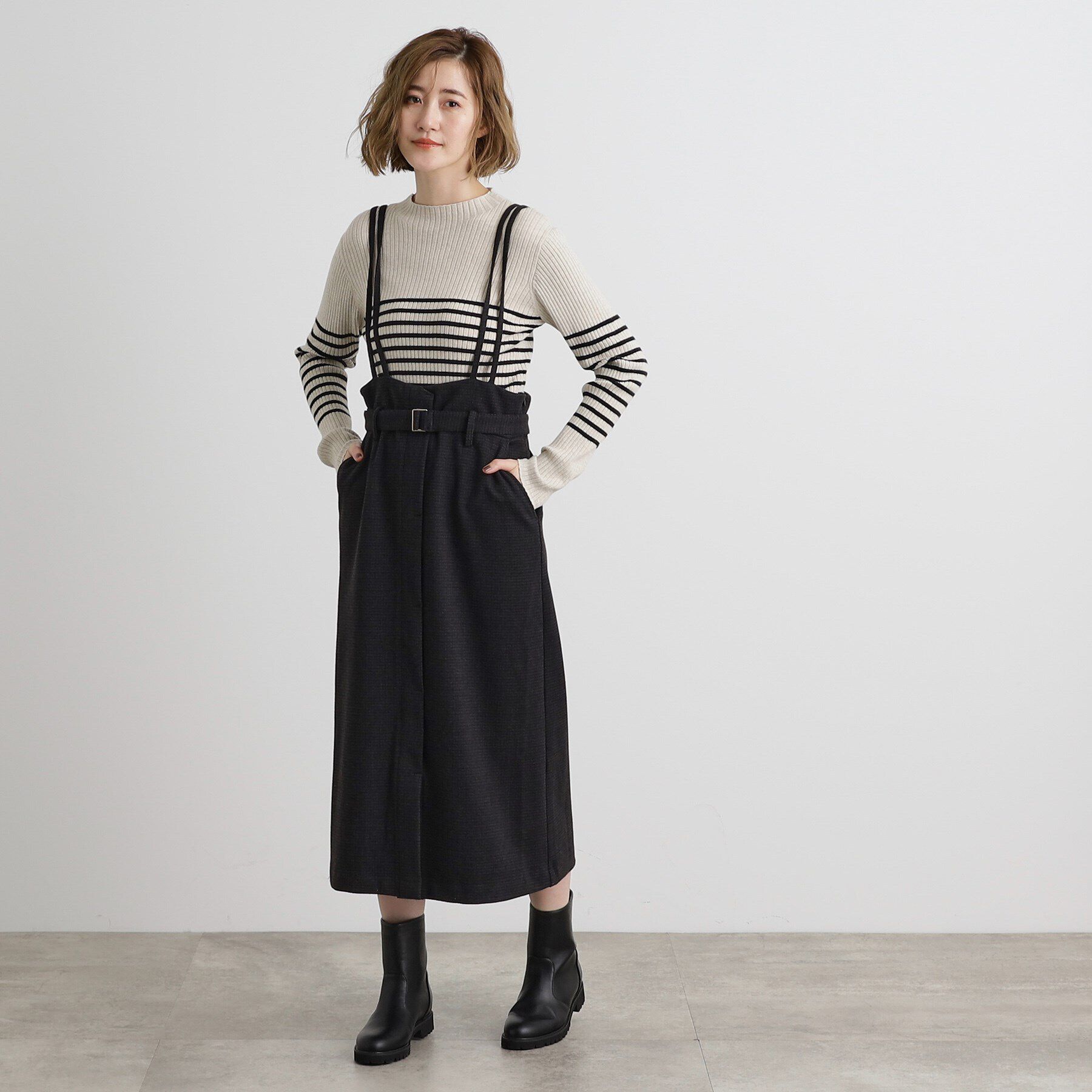 grove「起毛ジャージーナローストラップ付きスカート」|ジャンパースカート|