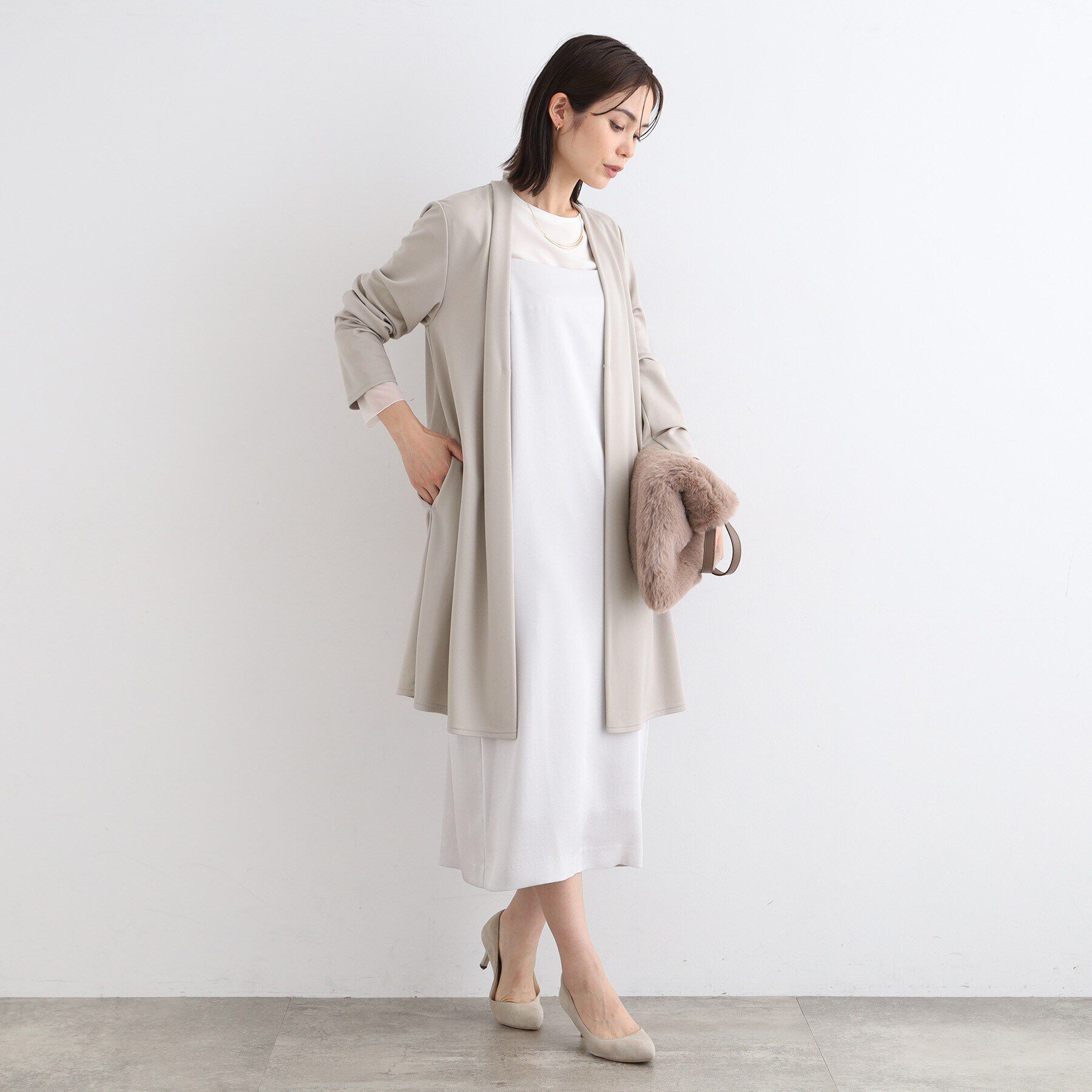 INDIVI「【洗える/日本製】カットソーロングカーディガンジャケット」|ノーカラージャケット|