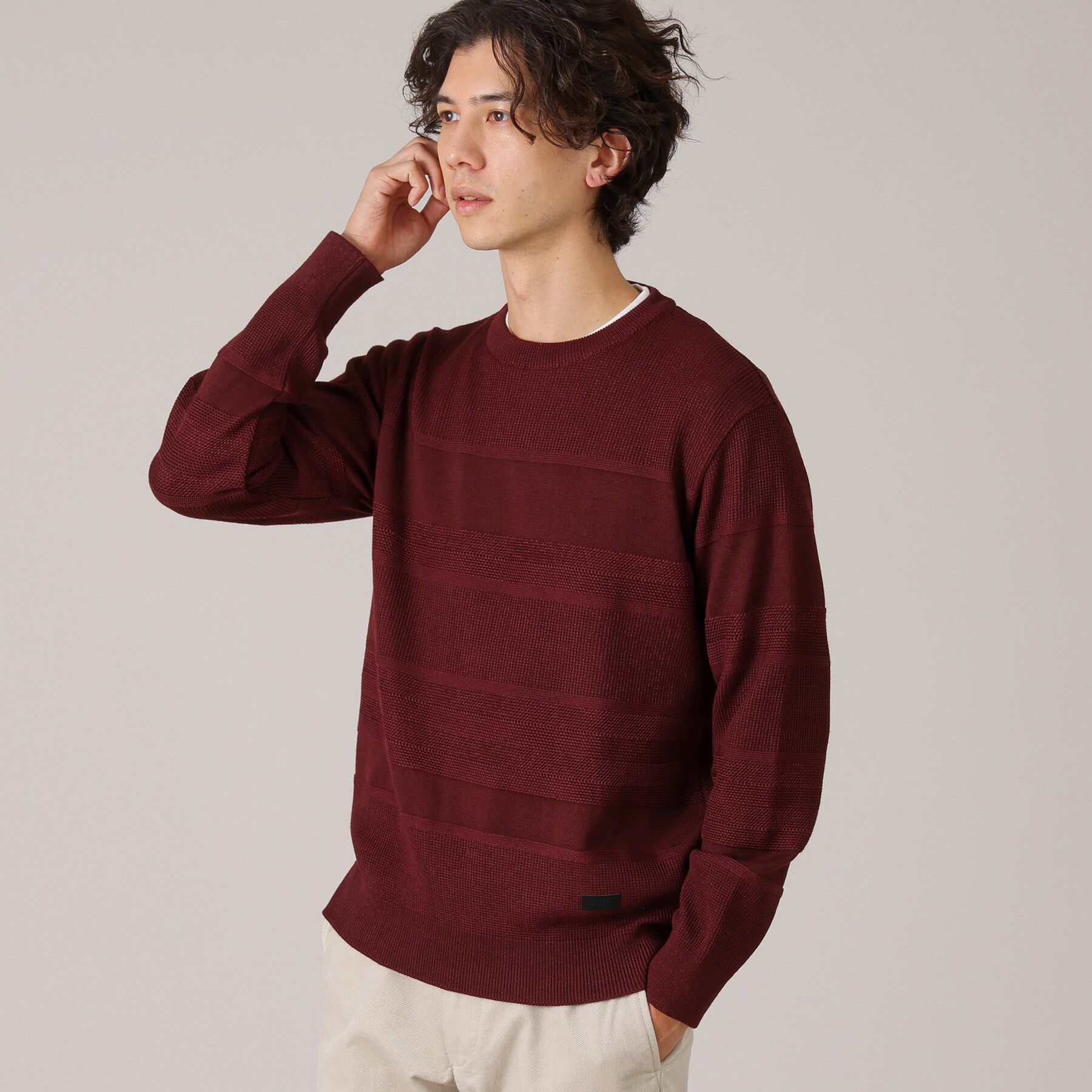 TAKEO KIKUCHI「【Made in JAPAN】編地切替 プルオーバーニット」|ニット・セーター|ボルドー(064)