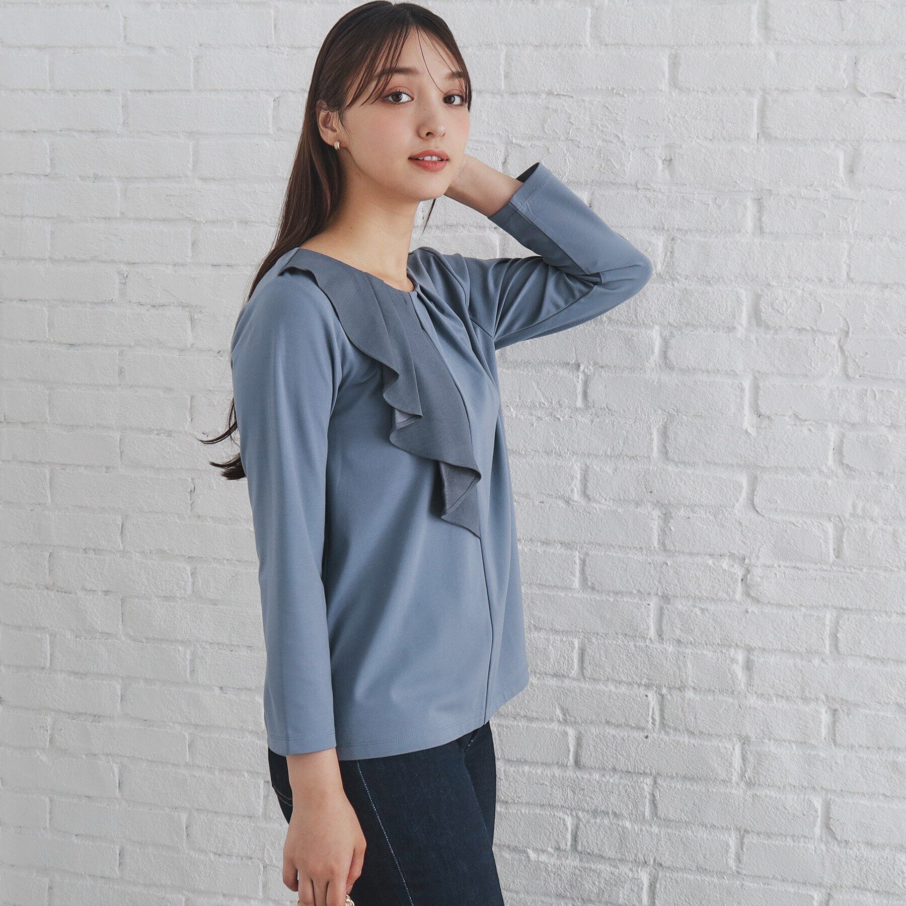 index「ストレッチポンチアシメフリルトップス【洗濯機可】」|Tシャツ・カットソー|ブルー(091)