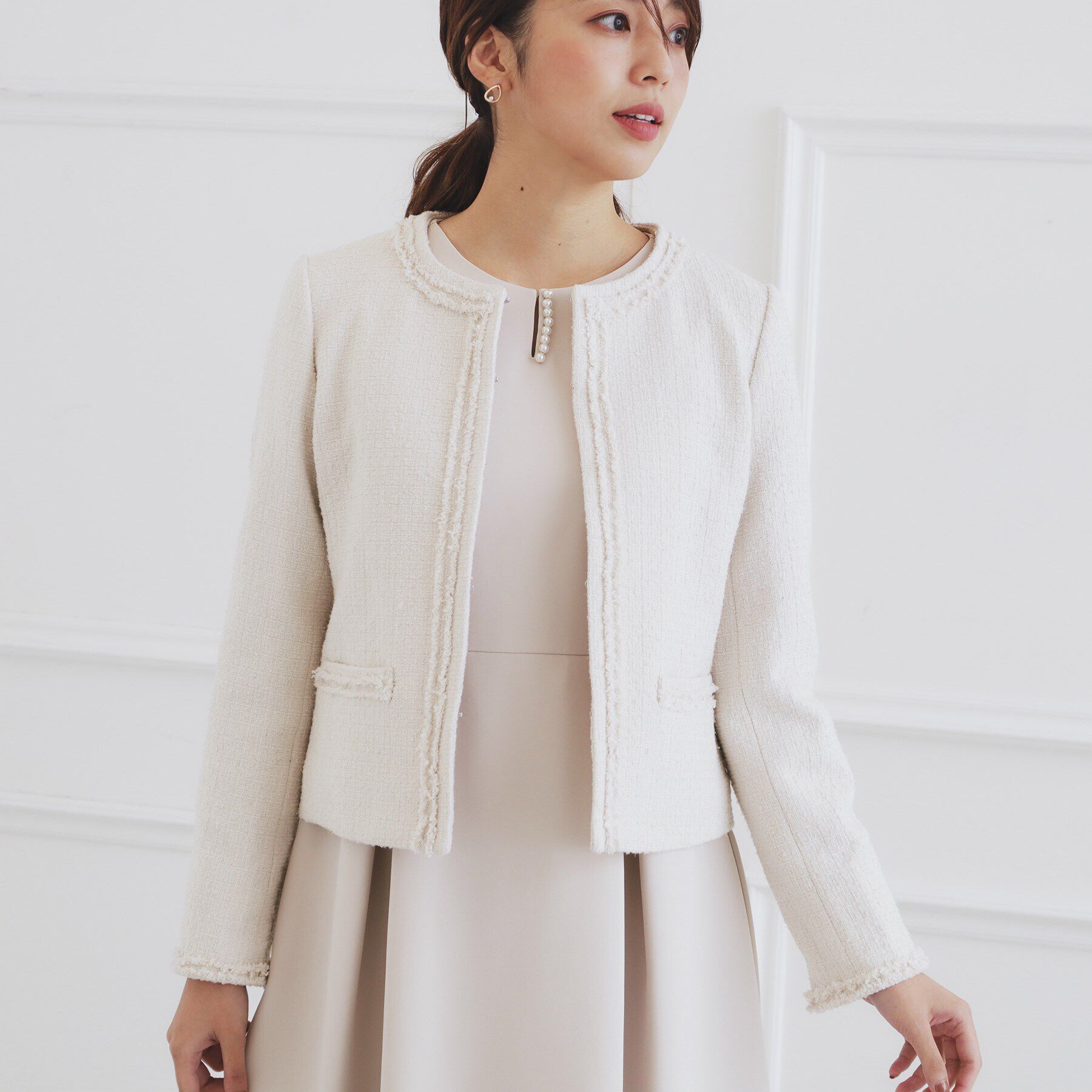 index「＜通勤・セレモニー/セットアップ対応＞ノーカラーツイードジャケット【洗える】」|ノーカラージャケット|