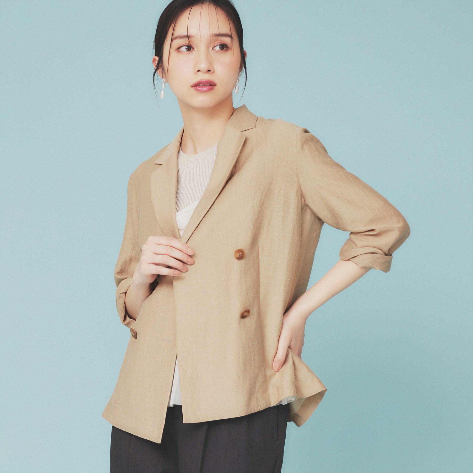 index「麻調シアーダブルブレストテーラードジャケット【洗濯機洗い可】」|テーラードジャケット|キャメルブラウン(0