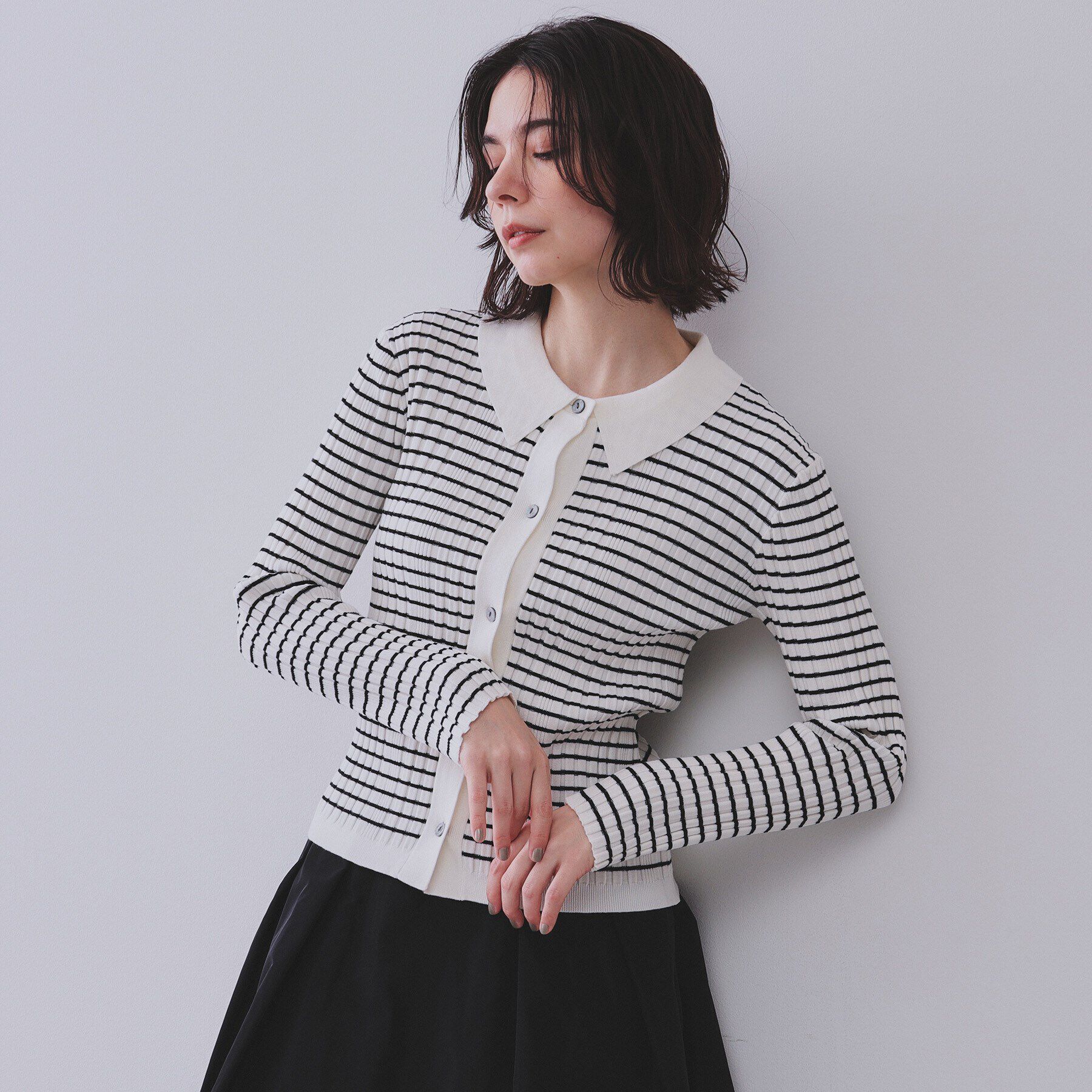 OPAQUE.CLIP「《CLASSY掲載》ランダムリブポロ衿ニット【洗濯機洗い可】」|ニット・セーター|オフホワイト(303