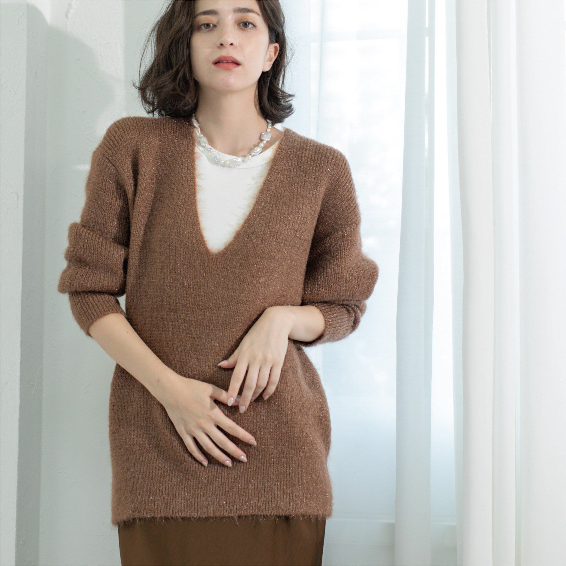 OPAQUE.CLIP「クリアシャギーVネックニット【洗える】」|ニット・セーター|