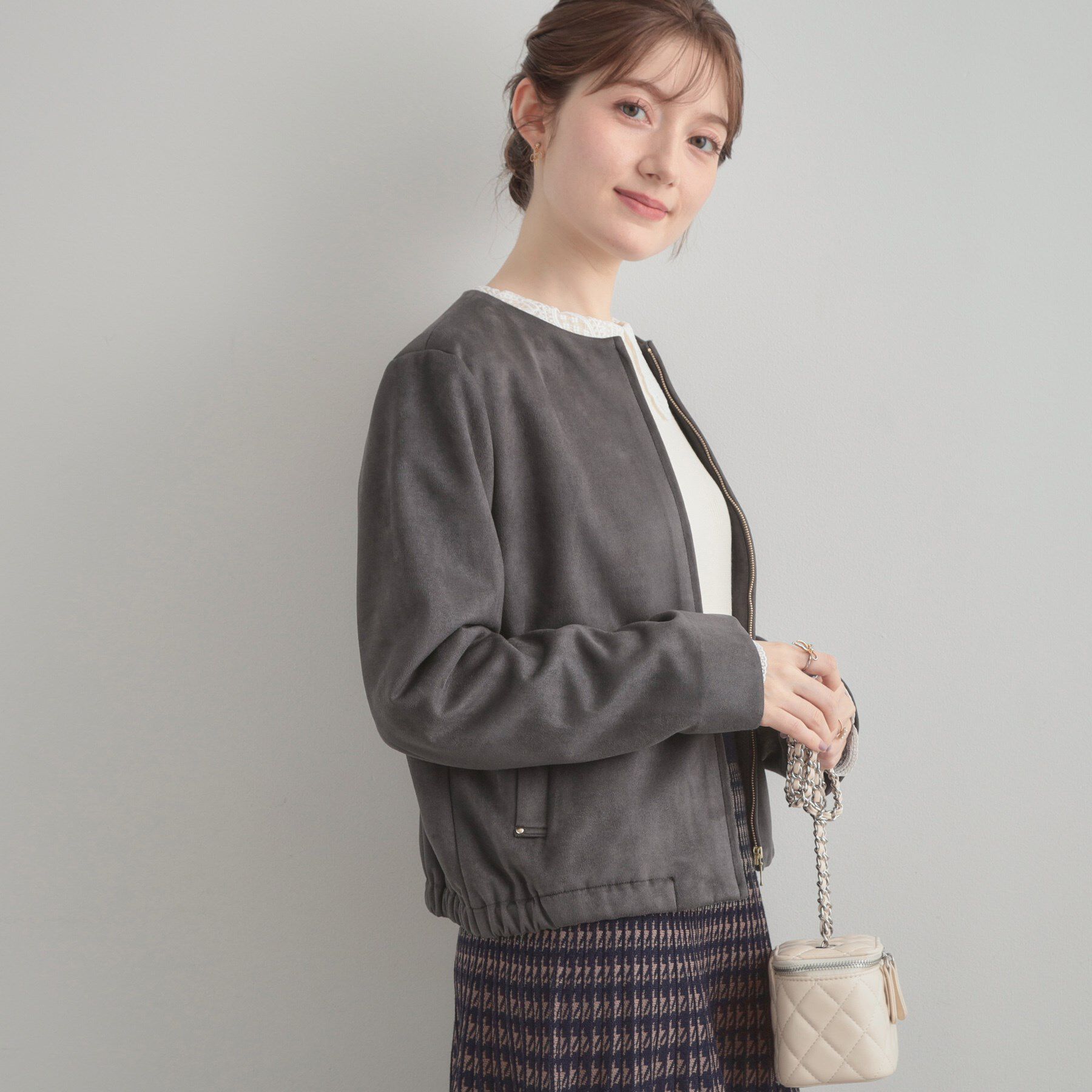 Couture broach「【通勤・大人上品】スエード調ダンボール ノーカラージャケット」|ブルゾン・スタジャン|