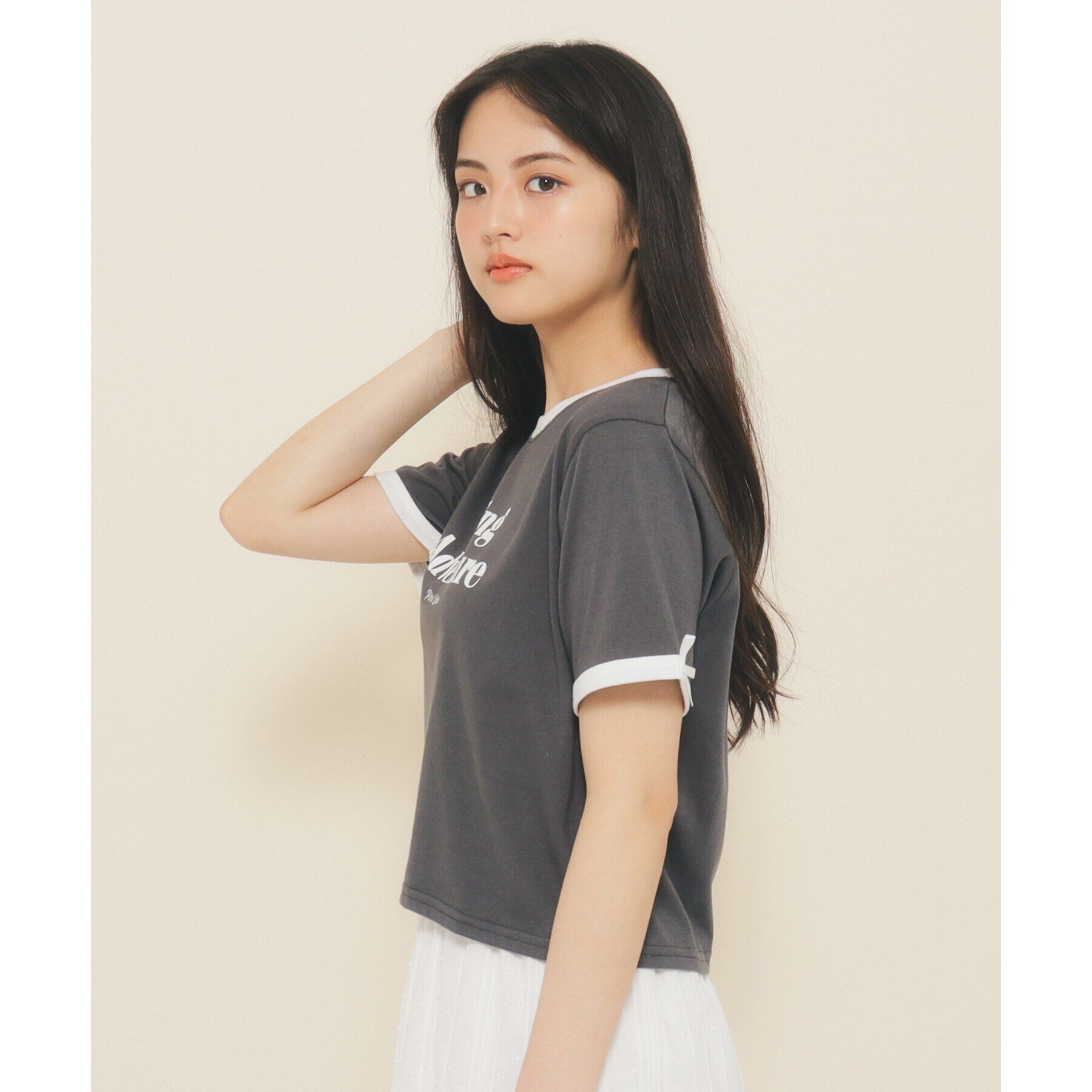 PINK-latte「【130cmあり】フロントロゴ袖リボンリンガーTシャツ」|Tシャツ・カットソー|