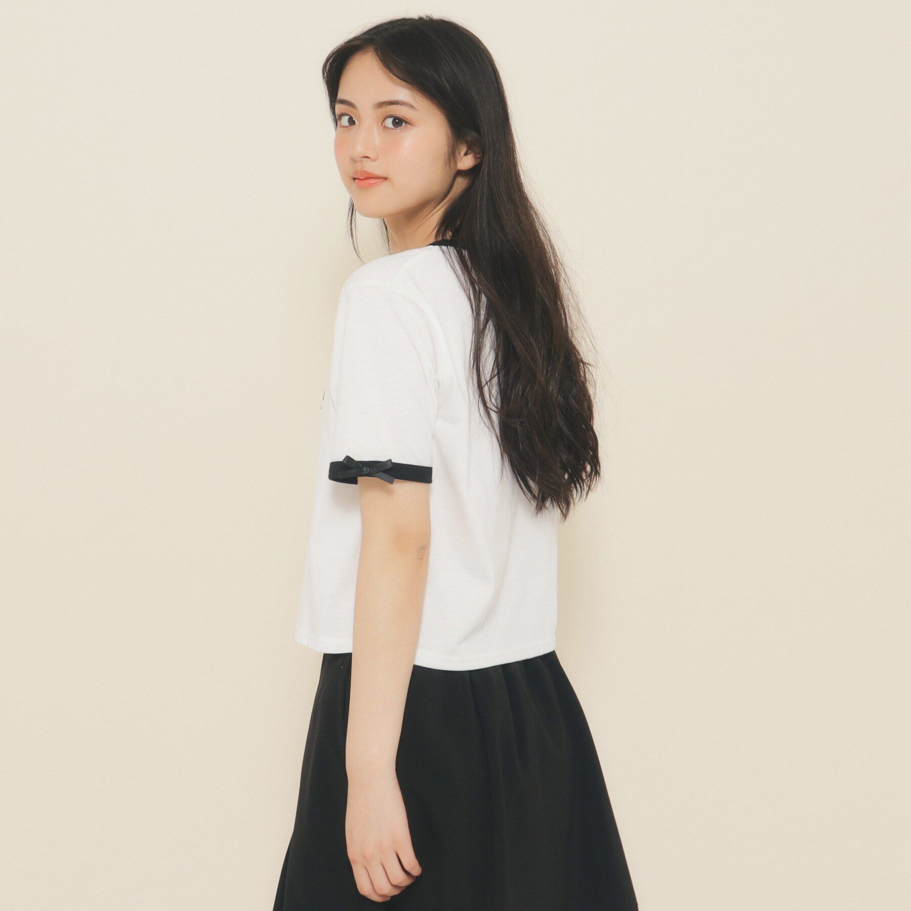 PINK-latte「【130cmあり】フロントロゴ袖リボンリンガーTシャツ」|Tシャツ・カットソー|