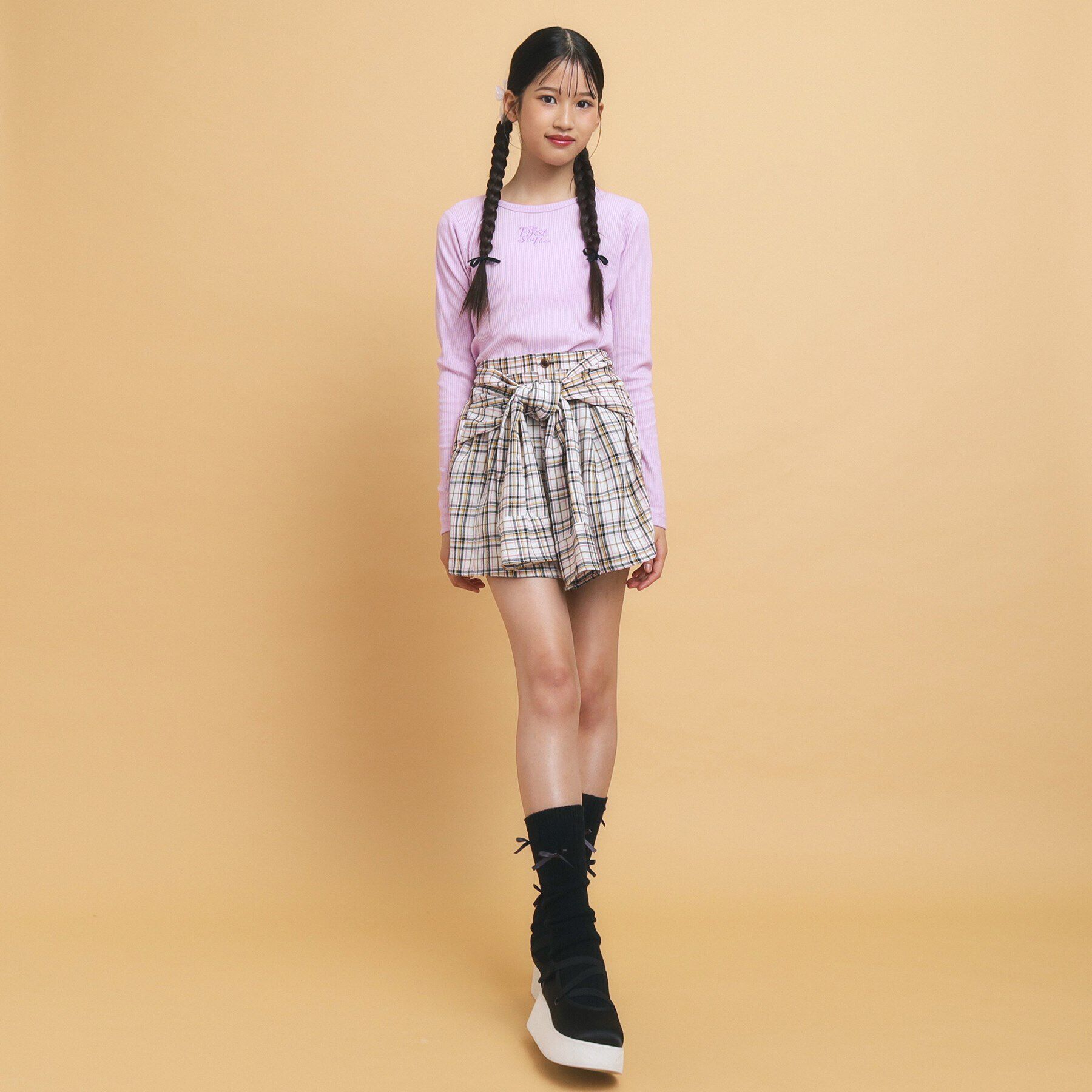 PINK-latte「【130cmあり】シンプルロゴ刺繍の優秀リブロンT」|Tシャツ・カットソー|