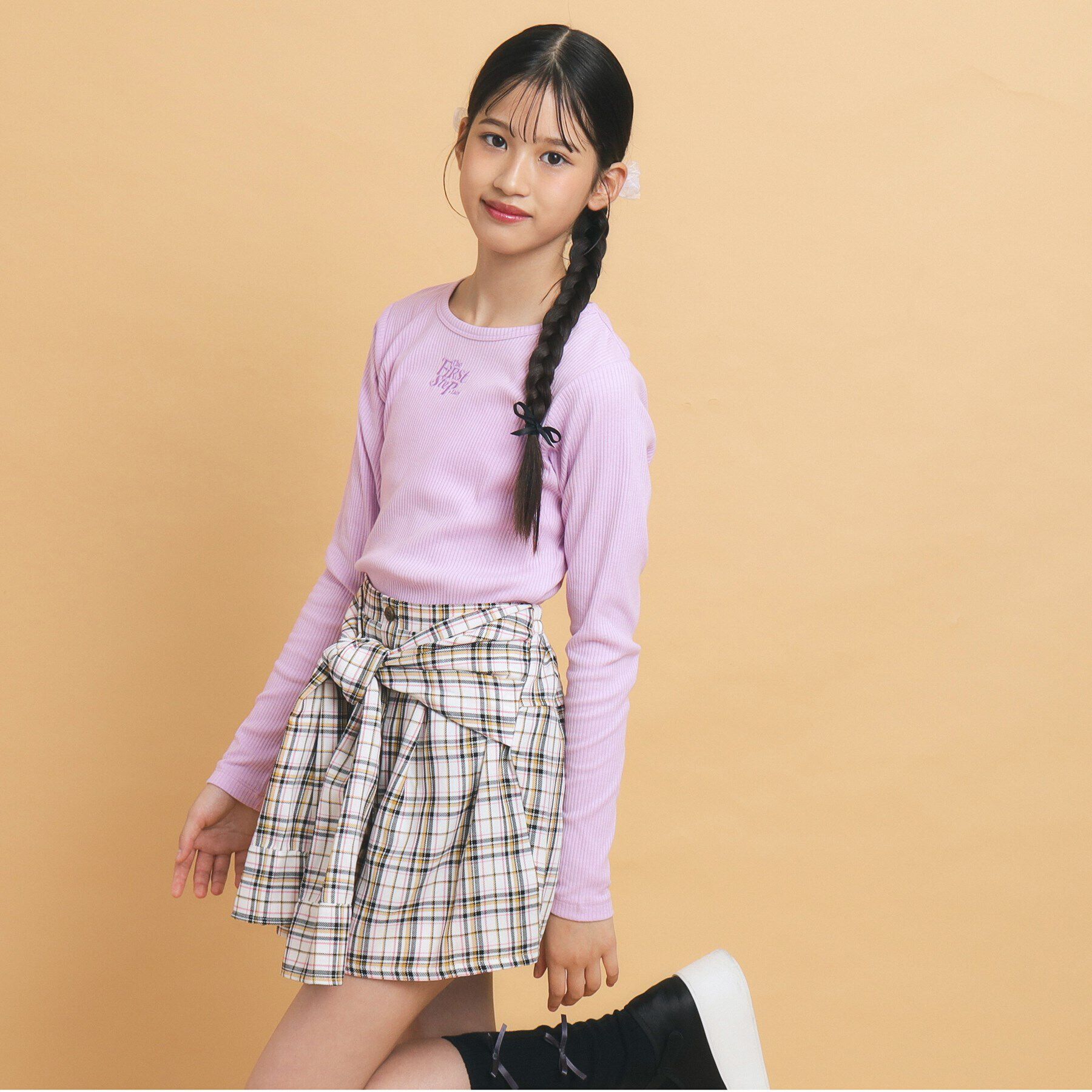 PINK-latte「【130cmあり】シンプルロゴ刺繍の優秀リブロンT」|Tシャツ・カットソー|ﾊﾟｰﾌﾟﾙ(081)