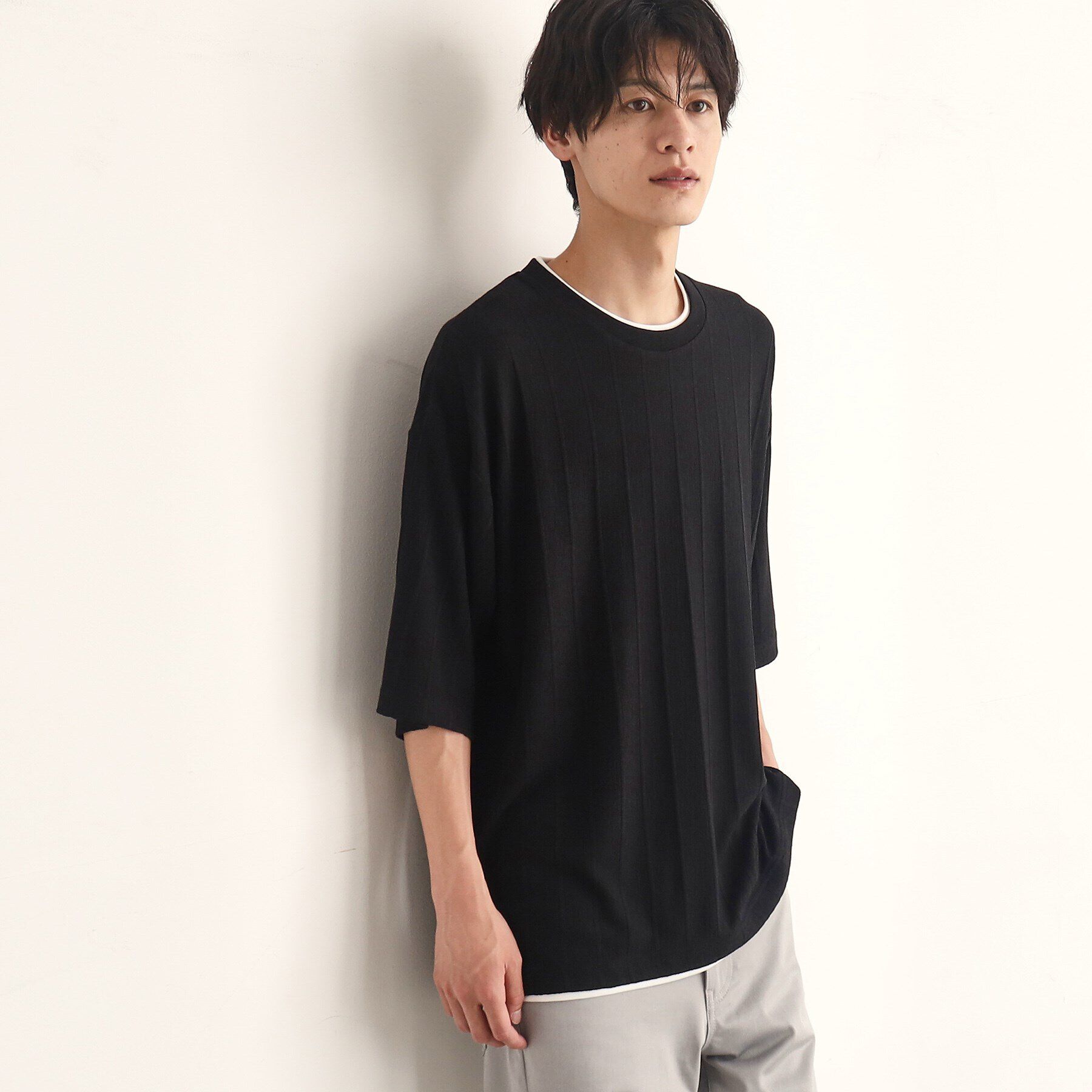 THE SHOP TK「【ビッグシルエット】ストライプジャカードフェイクレイヤードTシャツ」|Tシャツ・カットソー|ブラック(019)