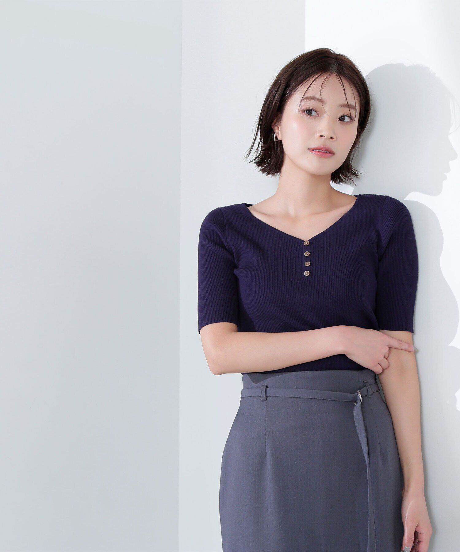  「フロントボタンリブニット」|ニット・セーター|ネイビー