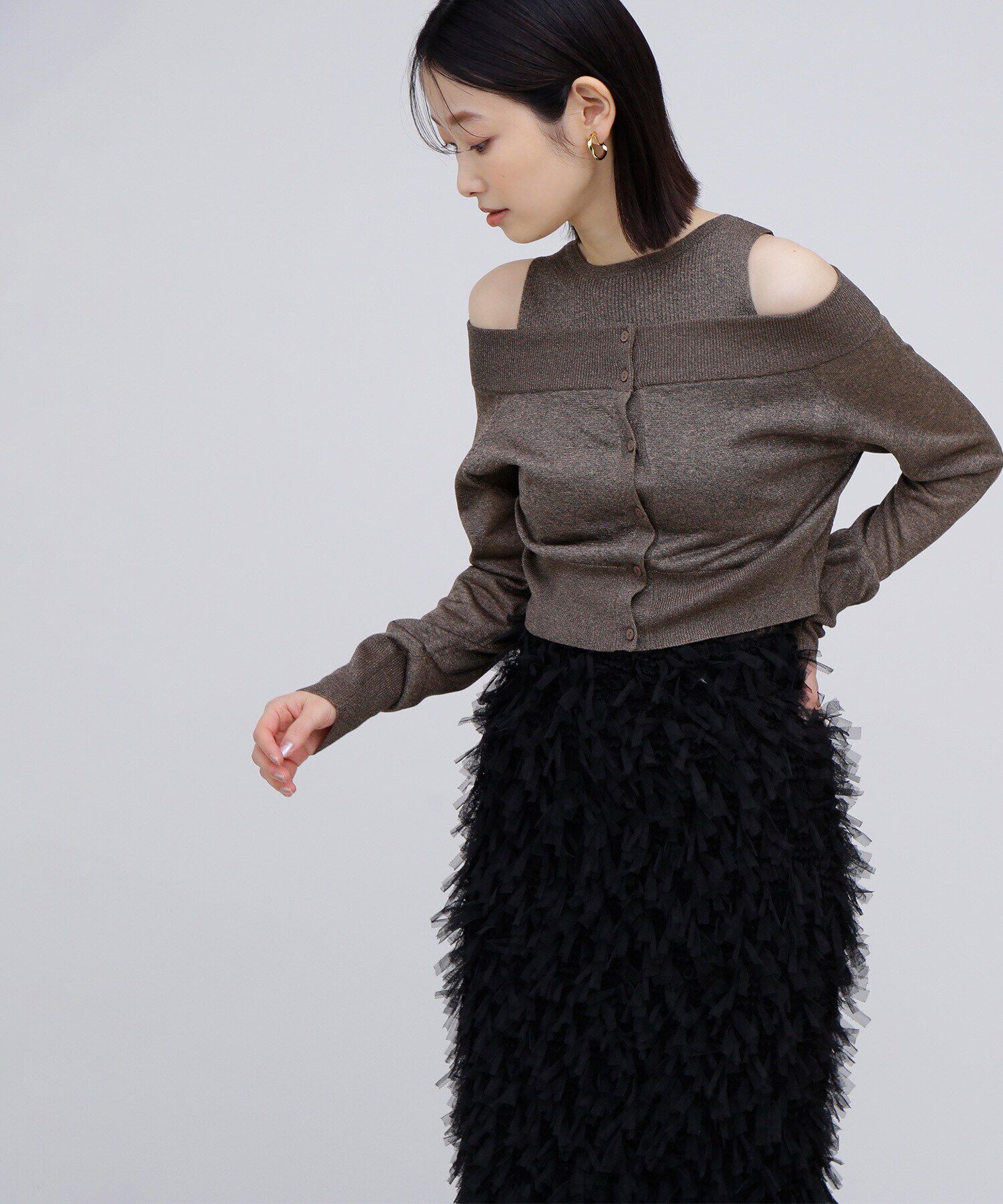  「オフショルクロップドアンサンブル」|ニット・セーター|ダークブラウ 1