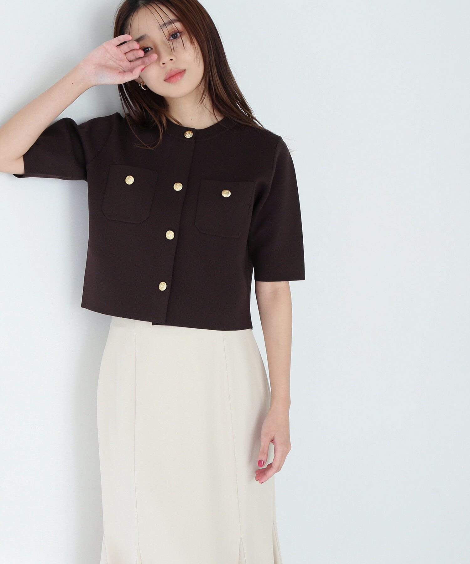  「エンブレムボタンニットジャケット半袖」|ニット・セーター|ダークブラウ 1