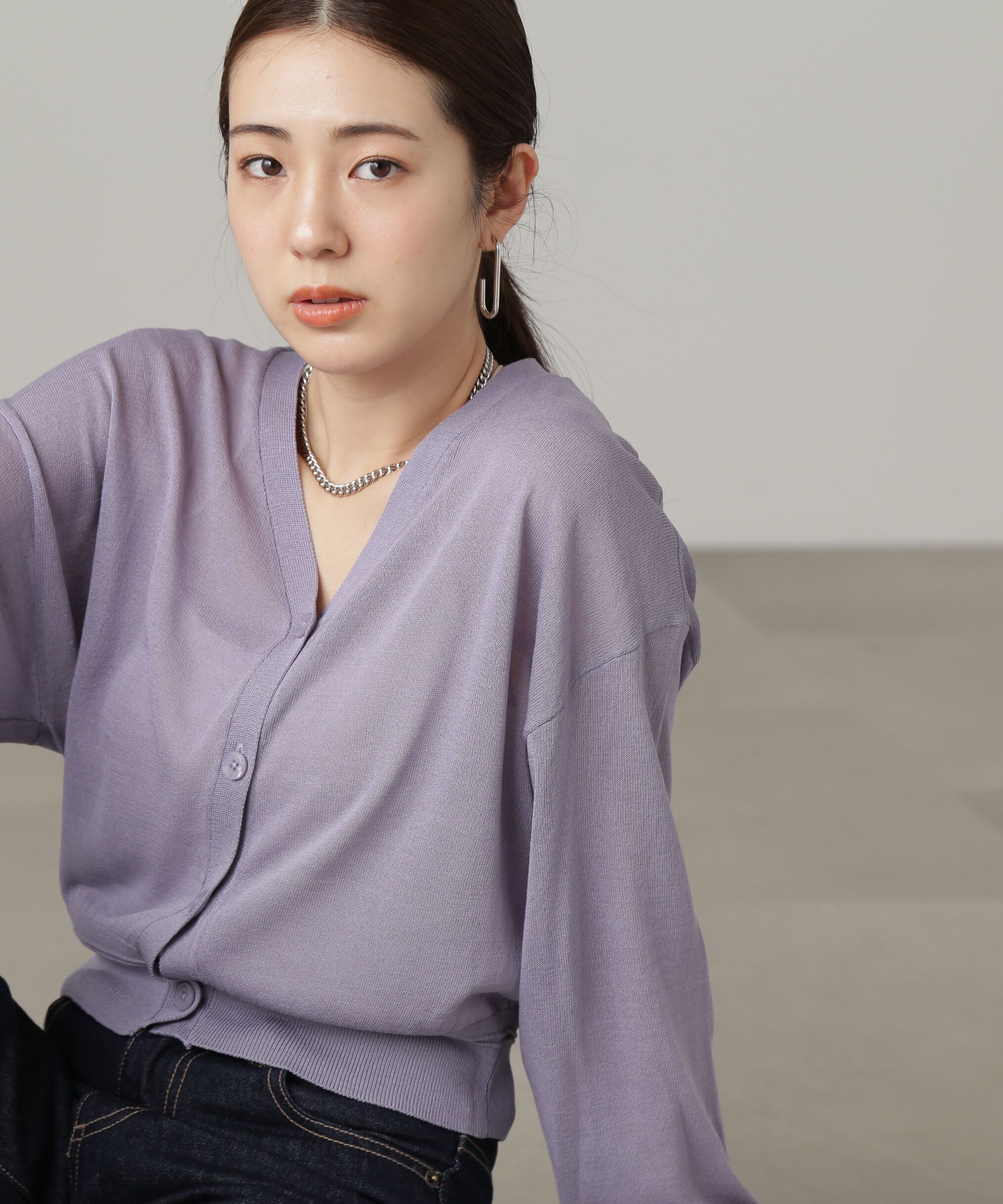  「［ピンクカラーWEB限定］シアー短丈カーディガン」|ニット・セーター|