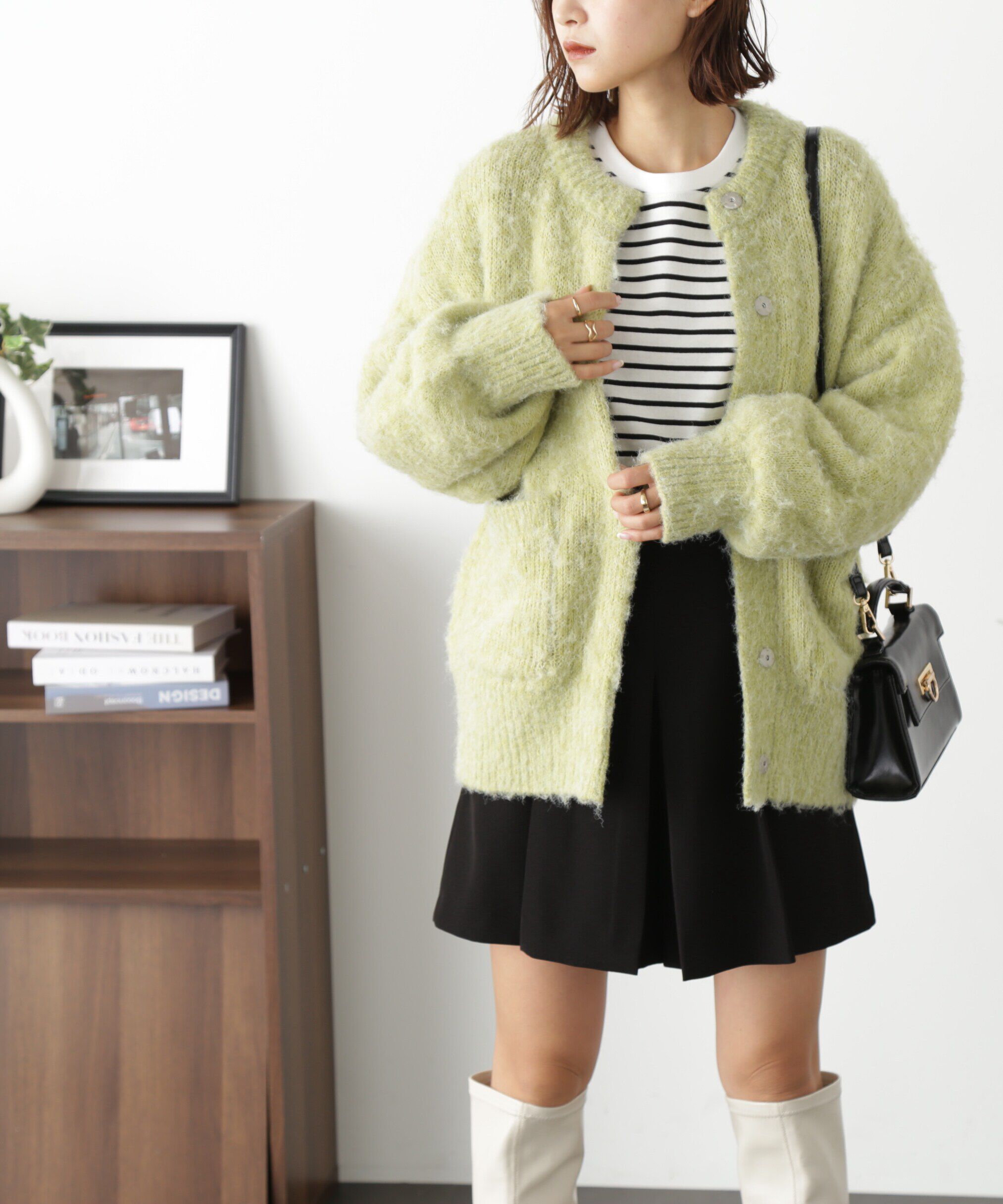  「ミックス起毛裏付きニットジャケット」|ニット・セーター|ライトグリー