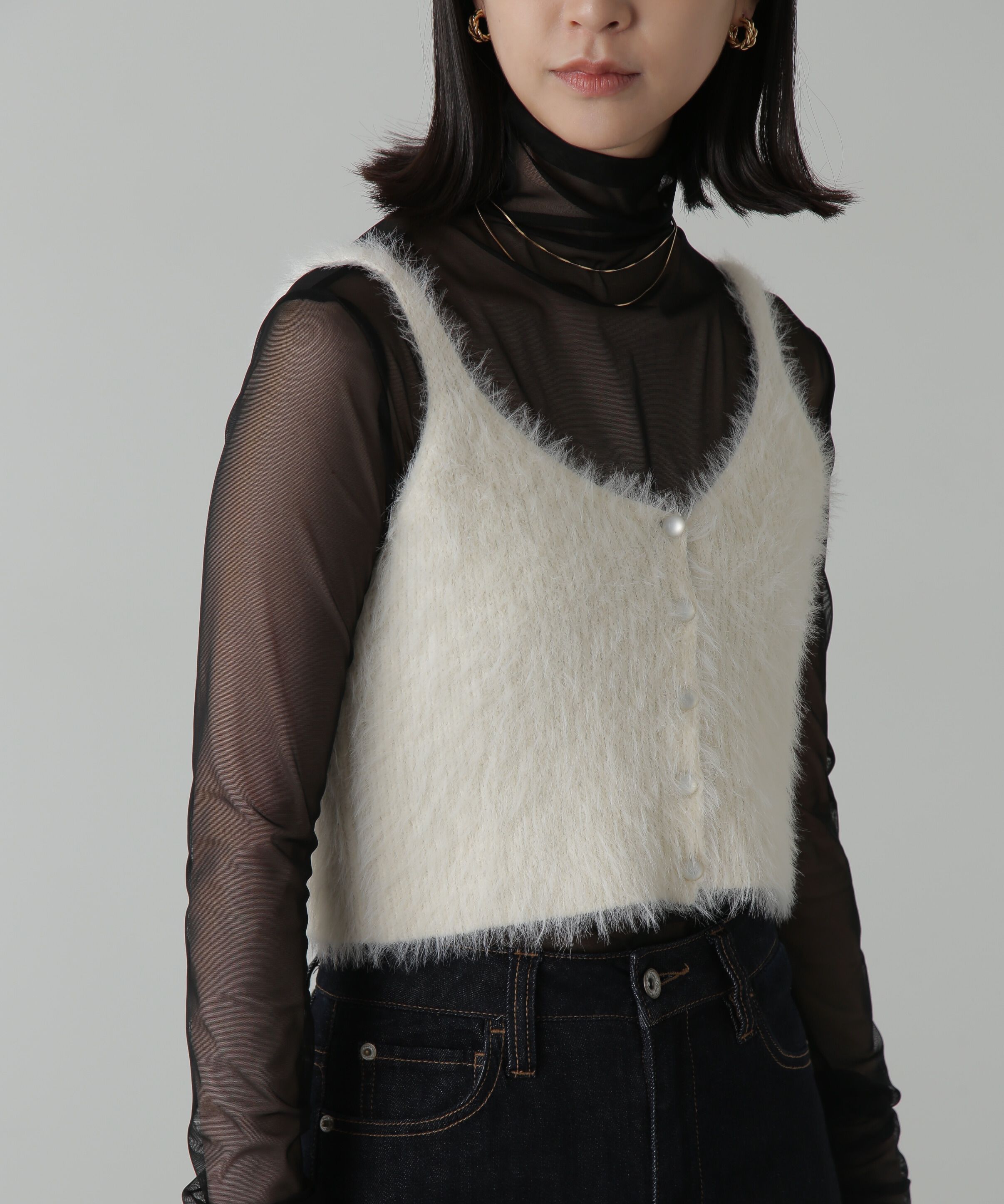  「フロントボタンシャギービスチェ」|ニット・セーター|