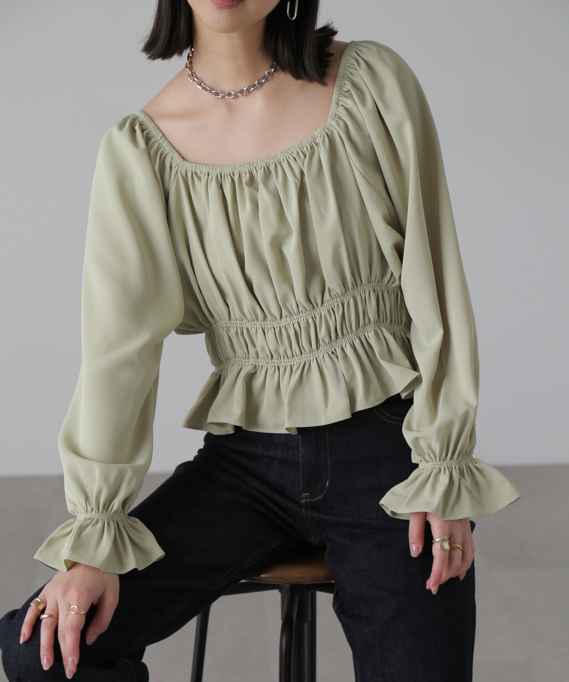  「スクエアネックシャーリングブラウス」|シャツ・ブラウス|ライトグリー