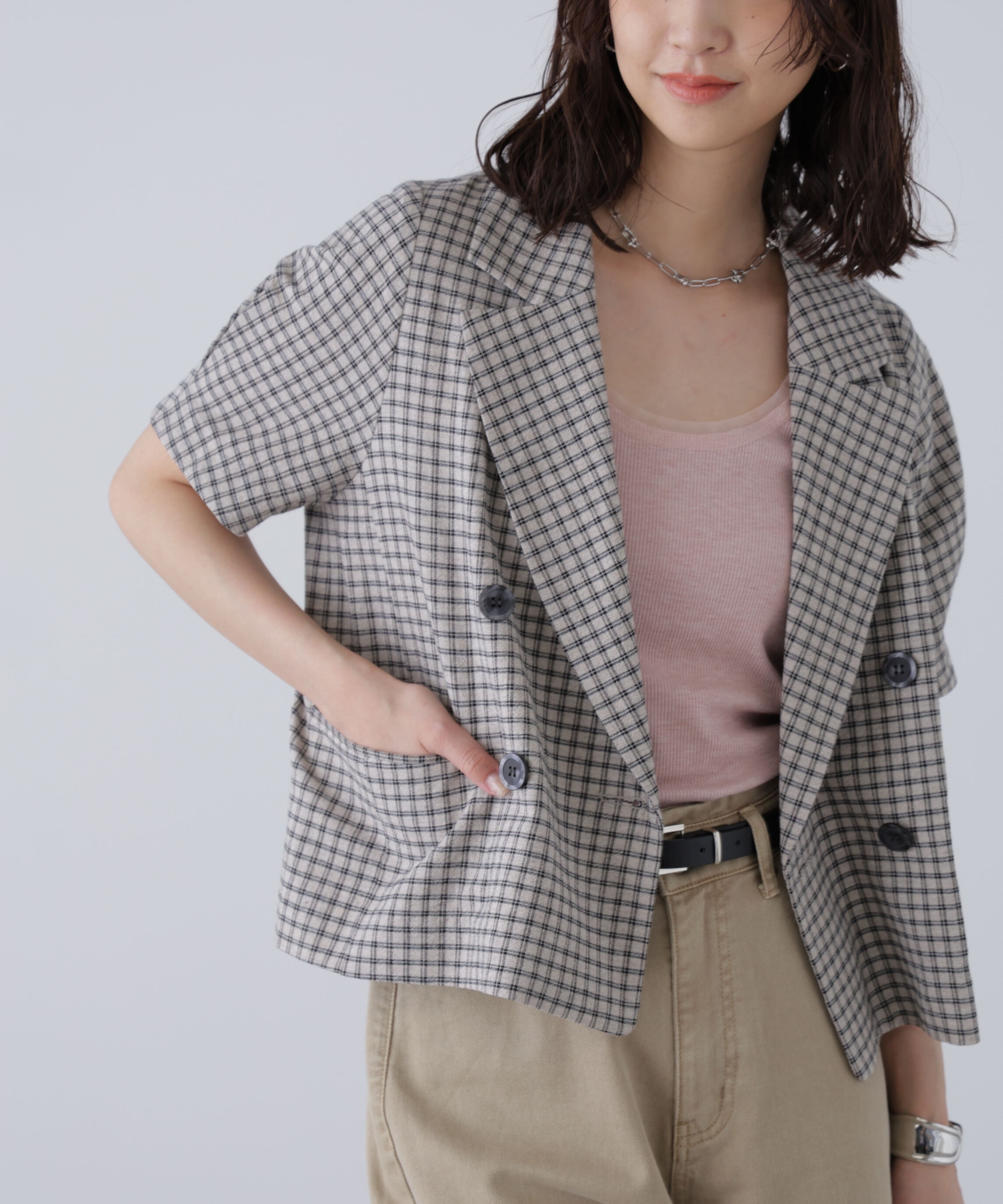  「袖コクーンダブルブレストハーフジャケット」|その他|