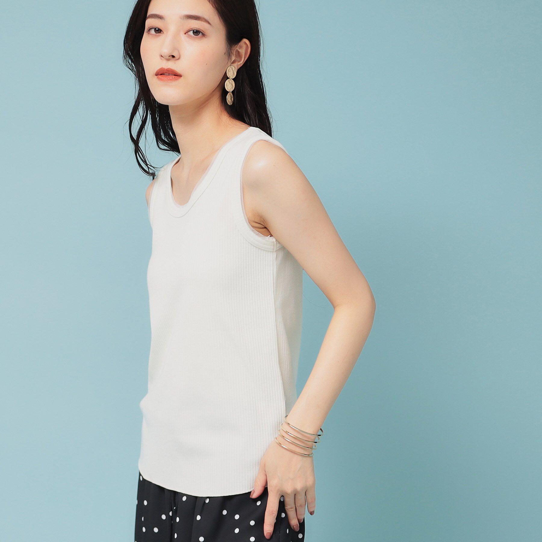 SunaUna「【異素材使い】ワイドリブタンクトップ」|Tシャツ・カットソー|アイボリー(004)