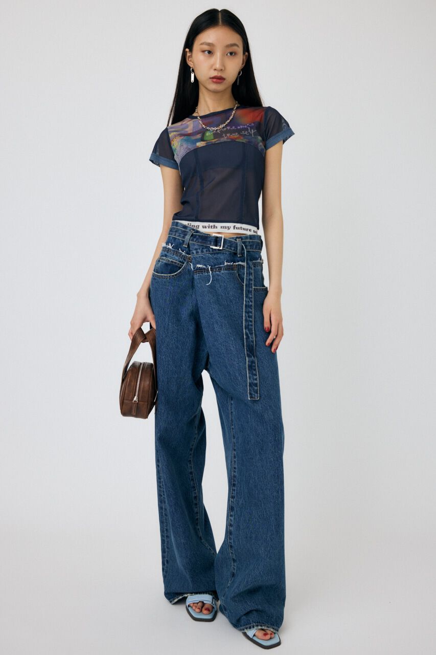 MOUSSY「FOLD WAIST WIDE STRAIGHT」|デニム|