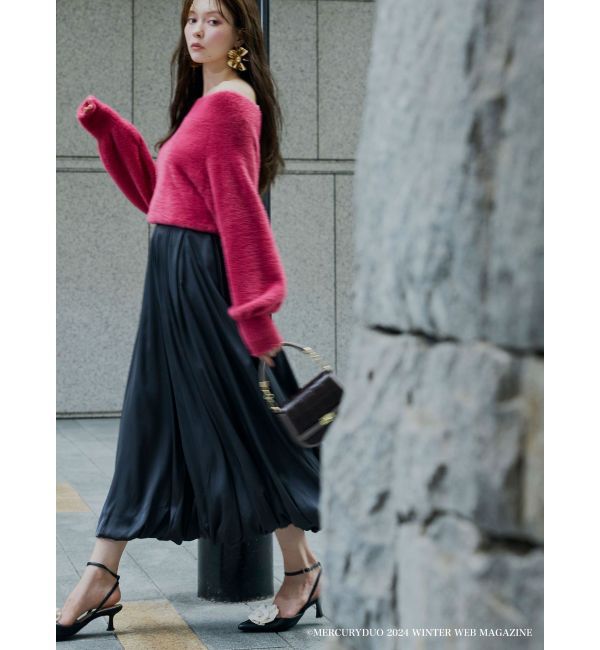 MERCURYDUO「オフショルミニシャギーニット」|ニット・セーター|