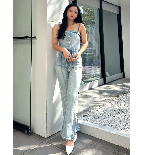 GYDA「BACKリボンデニムロンパース」|オールインワン|