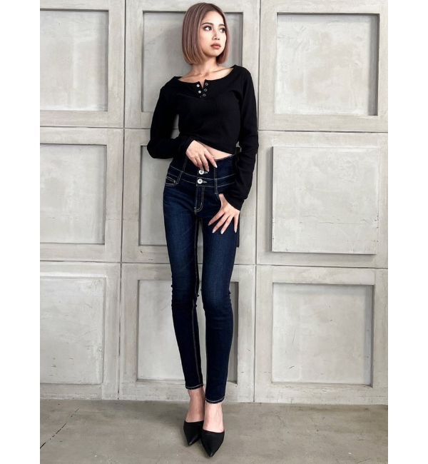 GYDA「ハイウエストウエストクロススキニーデニムパンツ」|デニム|