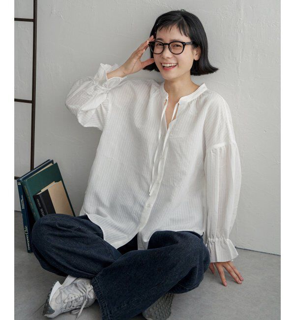 Lbc with Life「シアーストライプパフスリーブブラウス」|シャツ・ブラウス|ホワイト