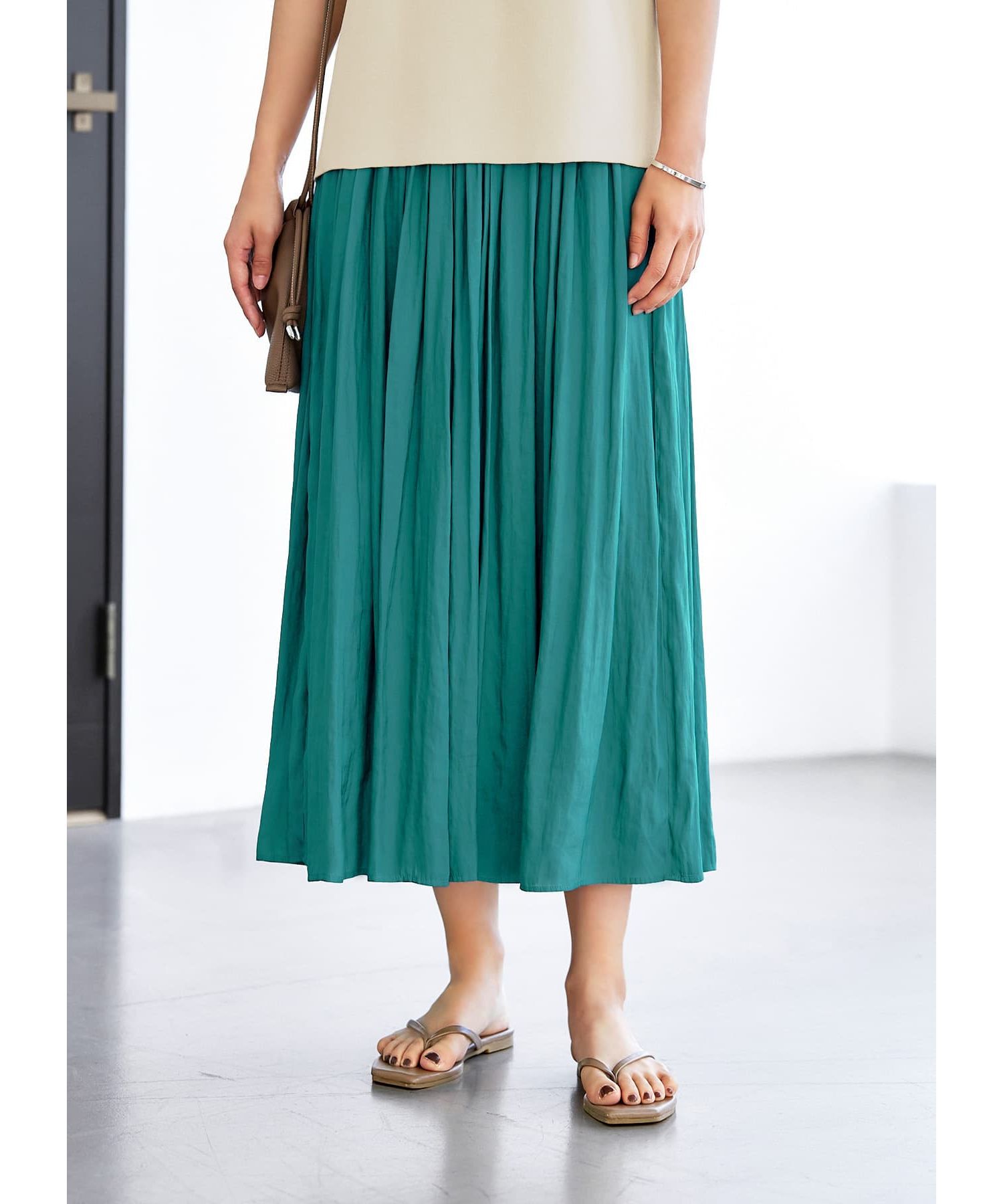 STYLE DELI「【Made in JAPAN】ヴィンテージサテンギャザーロングスカートC／85cm丈」|スカート|シーグリーン