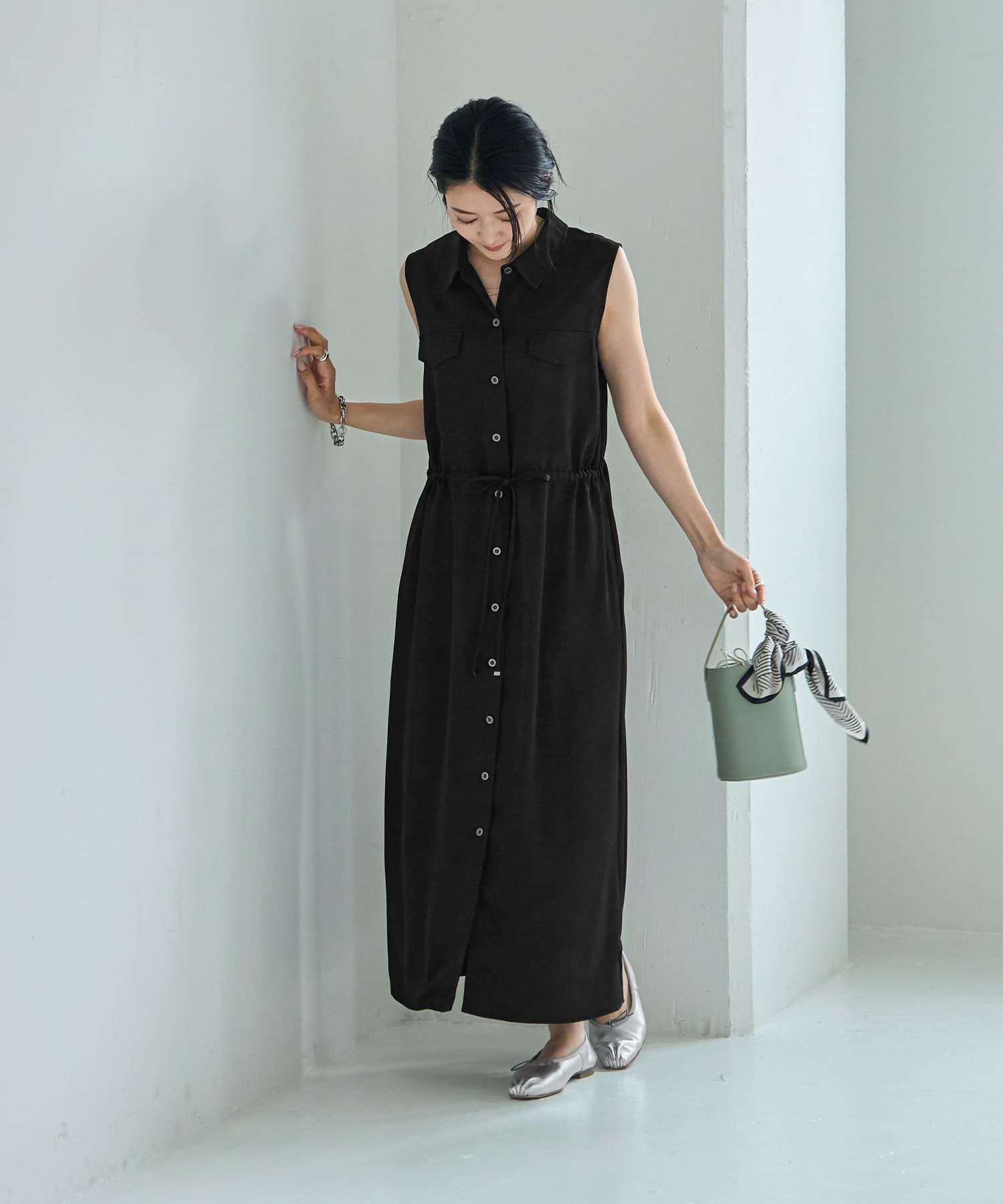 STYLE DELI「【LUXE】ノースリドロストシャツワンピース」|ワンピース|ブラック