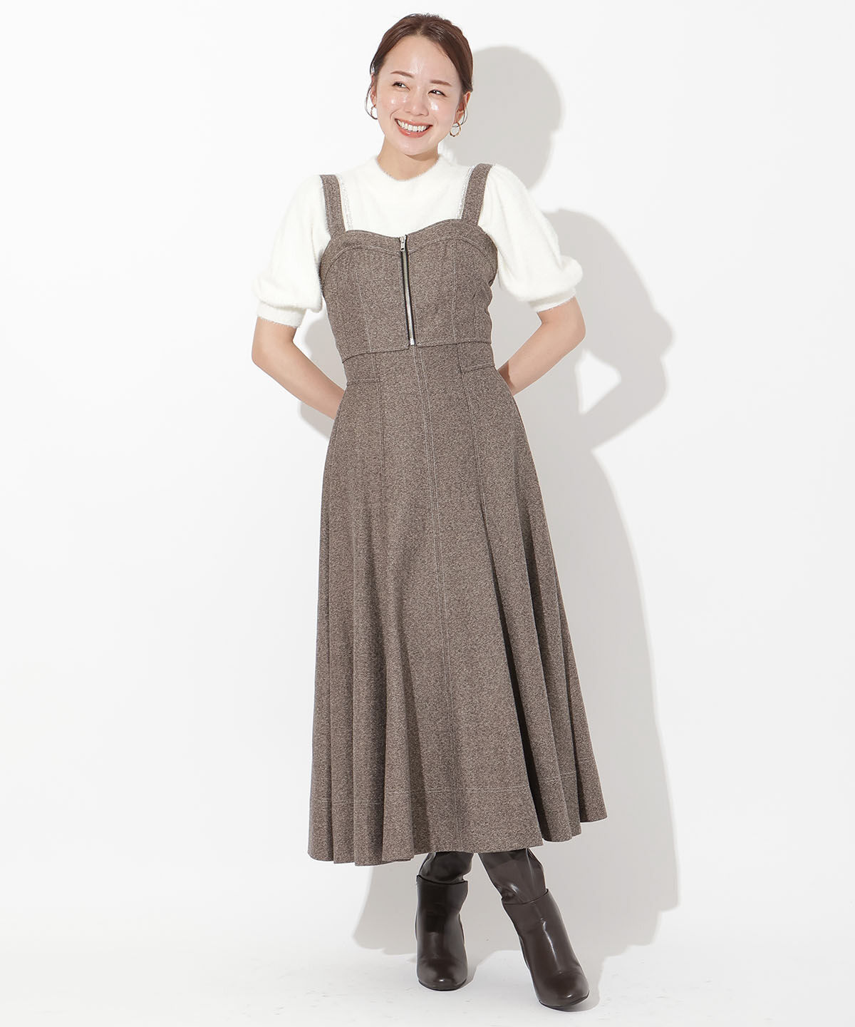 アンドクチュール「ヘリンボーンツイードキャミセットアップ」|ワンピース|ブラウン