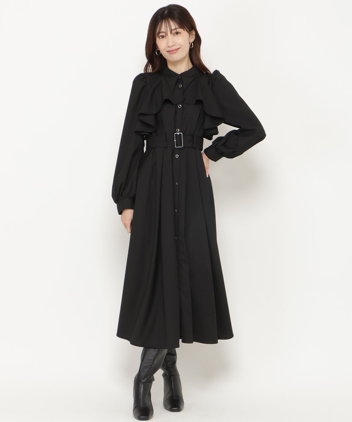 アンドクチュール「ストライプフリルケープワンピース」|ワンピース|black/borderｽﾄﾗｲﾌﾟ