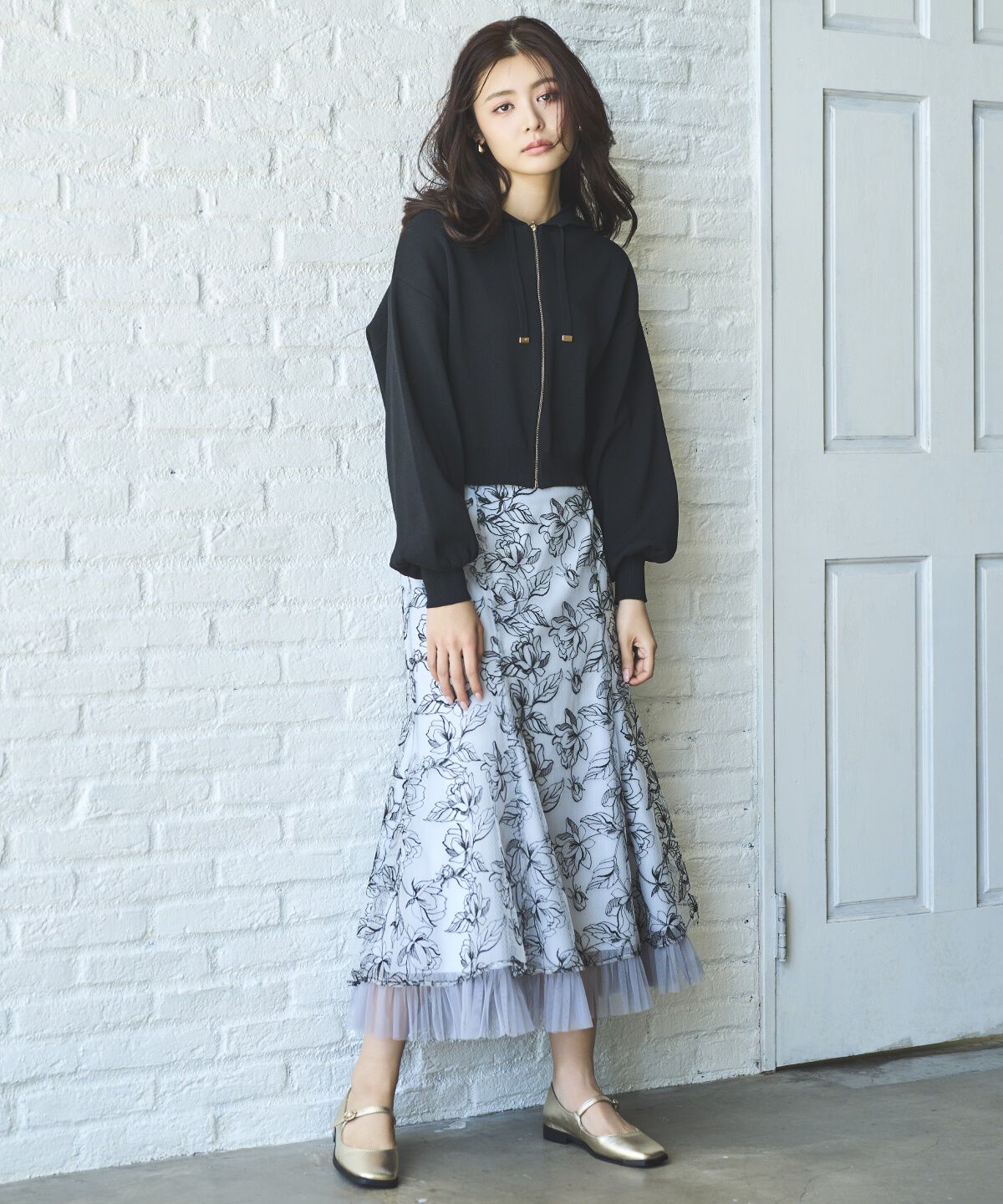 アンドクチュール「チュールヘムフローラルスカート」|フレア|ライトグレー