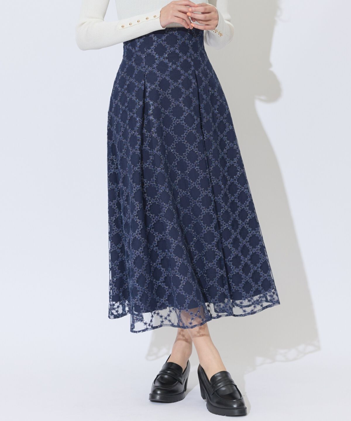 アンドクチュール「ダイヤチュールタックフレアスカート」|フレア|ネイビー