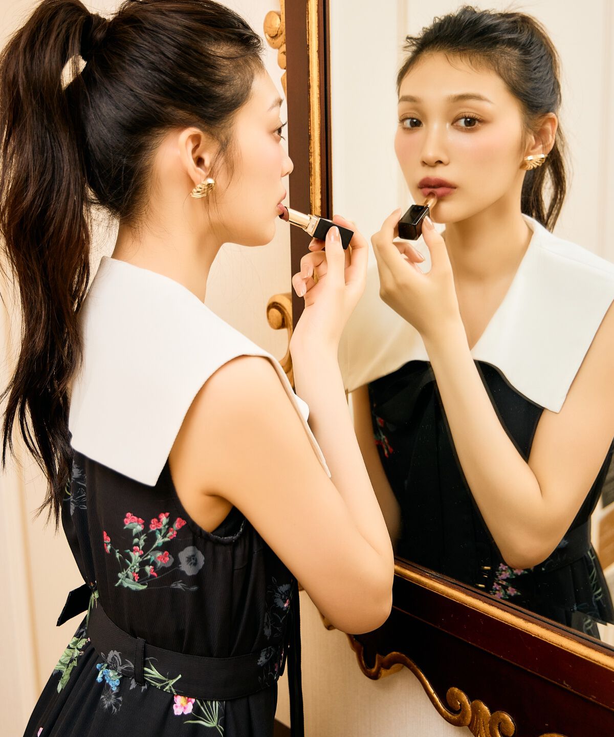 アンドクチュール「ドローイングフラワー配色襟ワンピース」|ワンピース|