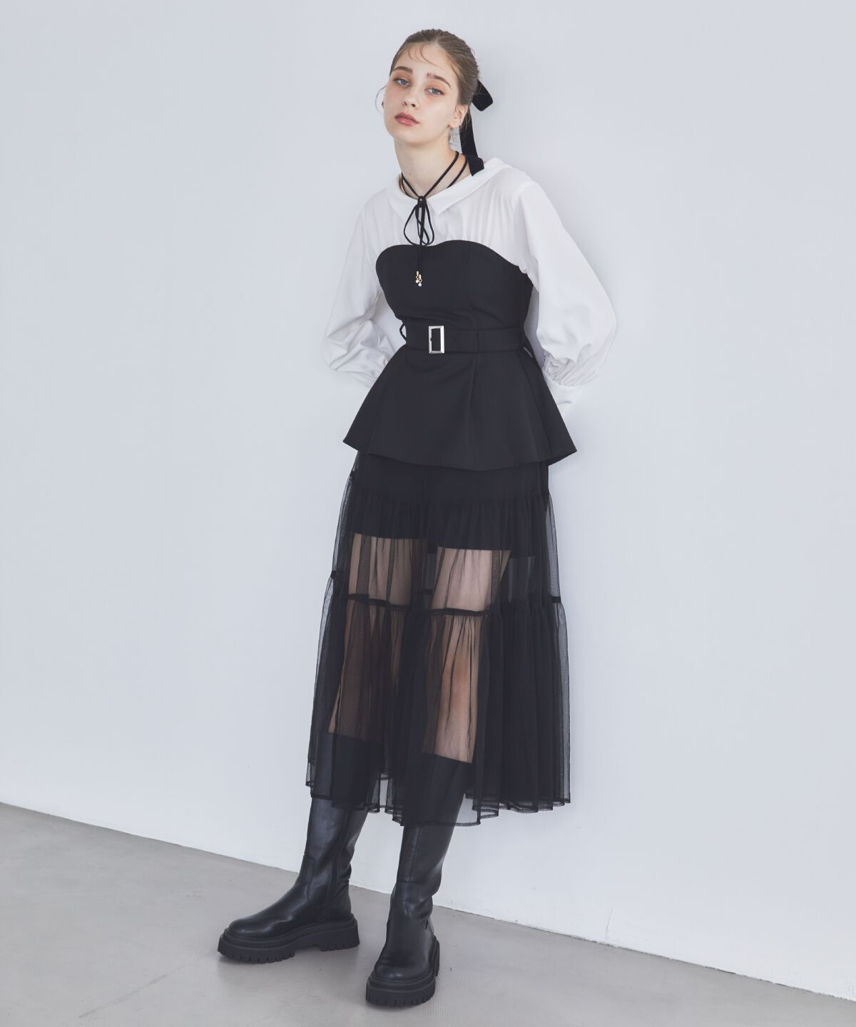 REDYAZEL「シャツドッキングベアワンピース」|ワンピース|ブラック